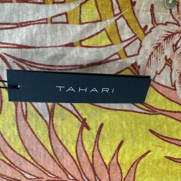 Tahari Luxe Linen Top WMNS M Orange Yellow Tropical Print Back Button Sleeveless - Picture 6 of 8